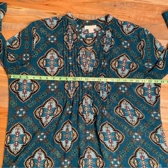 Charter Club XL-Petite Teal Paisley Blouse V-Neck Pin Tuck Pleats 3/4 sl… - Picture 7 of 14